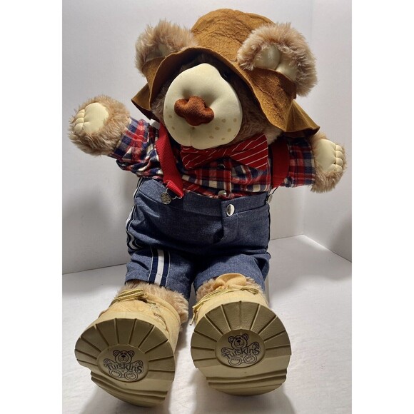 Vtg FurSkins Xavier Roberts Plush Stuffed Toy Bear Hat Boots Tie Plaid Shirt 20" - Picture 2 of 14